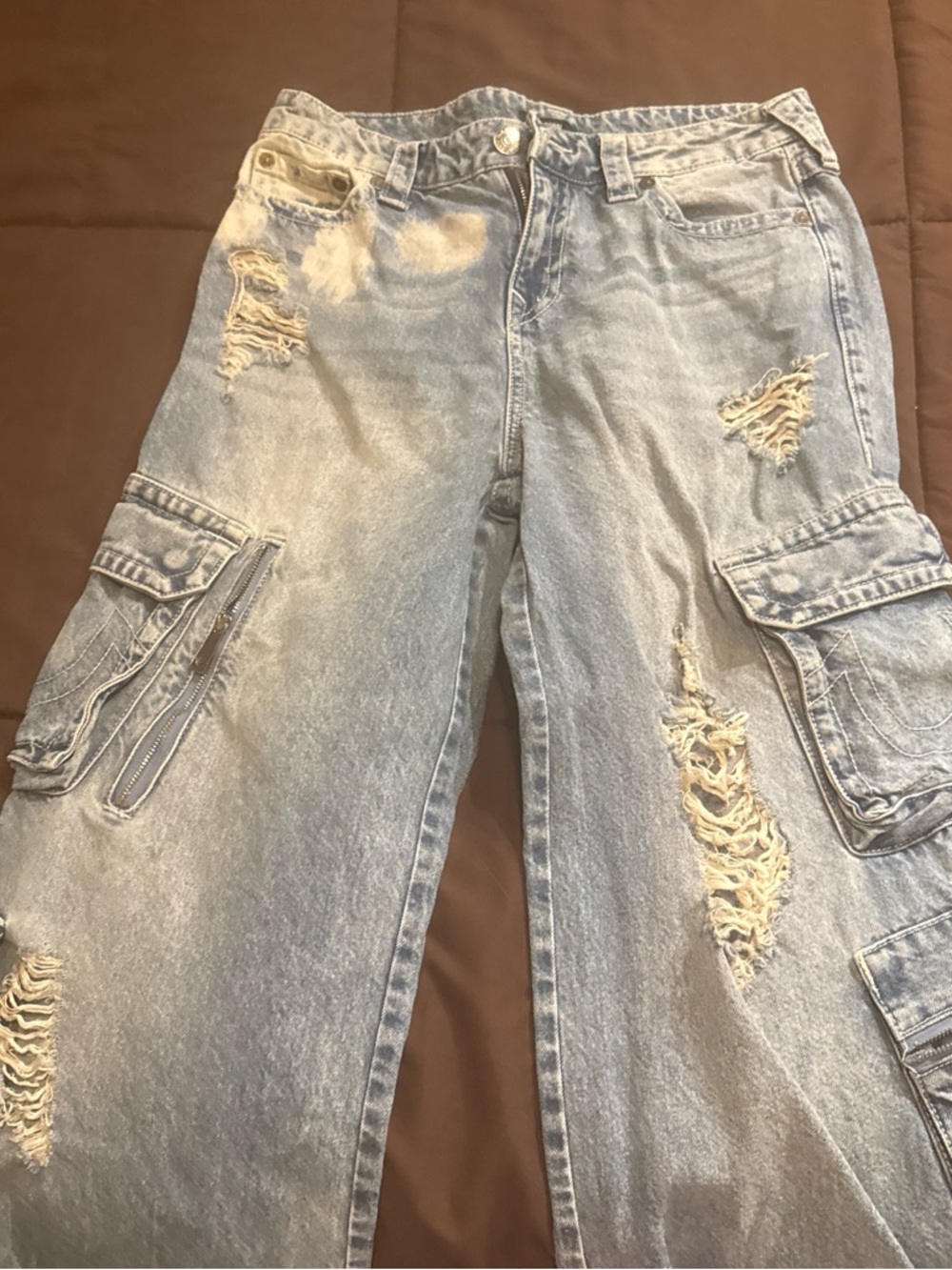 True Religion Light Blue Distressed Cargo Jeans